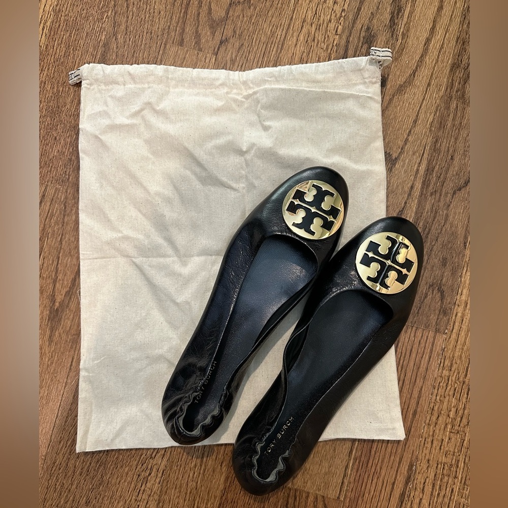 Tory Burch Reva Ballet Flats Black Leather Gold Logo – Size 10.5 - Picture 4 of 4
